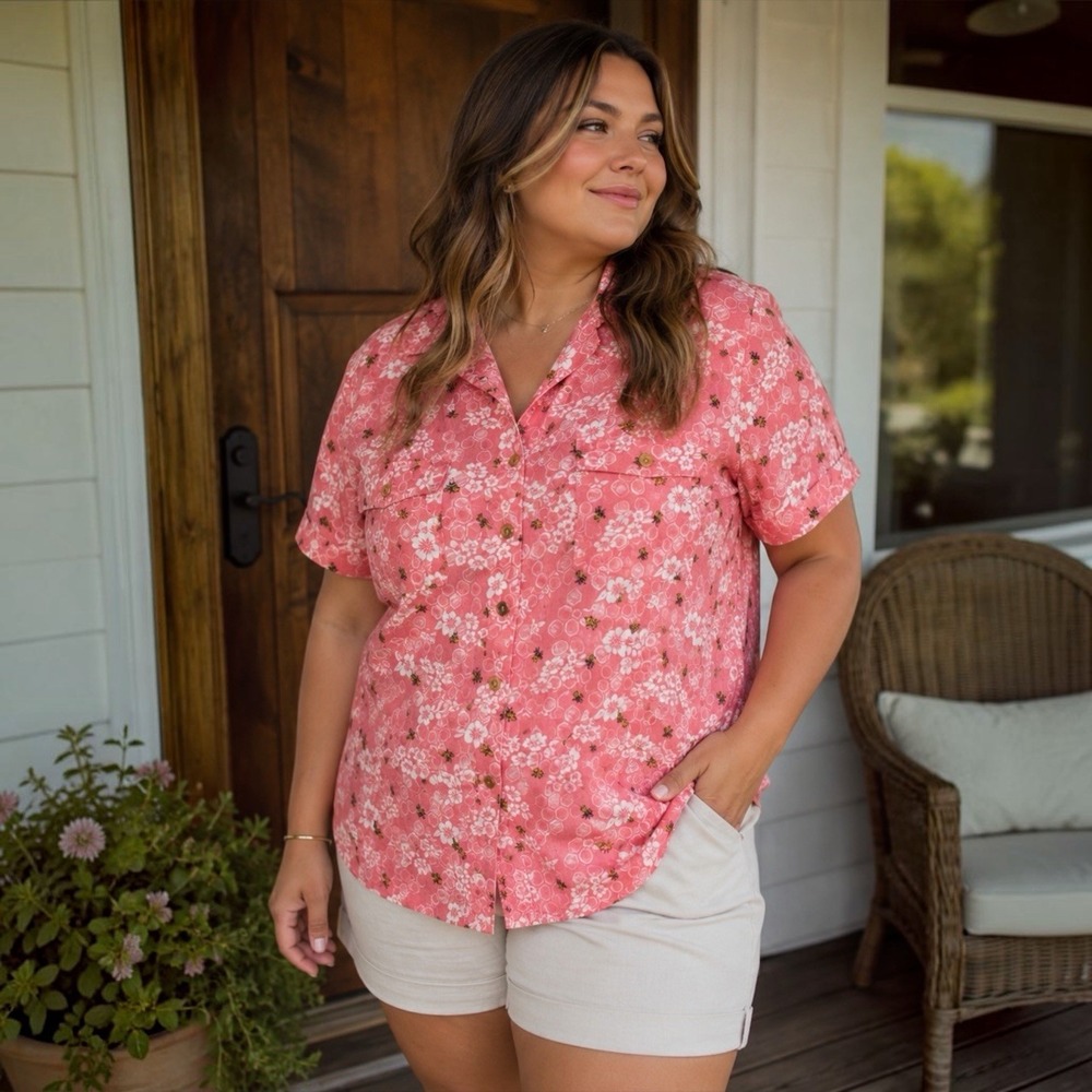 Duluth Trading 2X Artisan Hemp Bee Floral Camp Shirt Pink Button Down